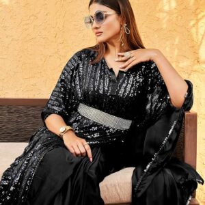 Belted Satin Kaftan Black Saree